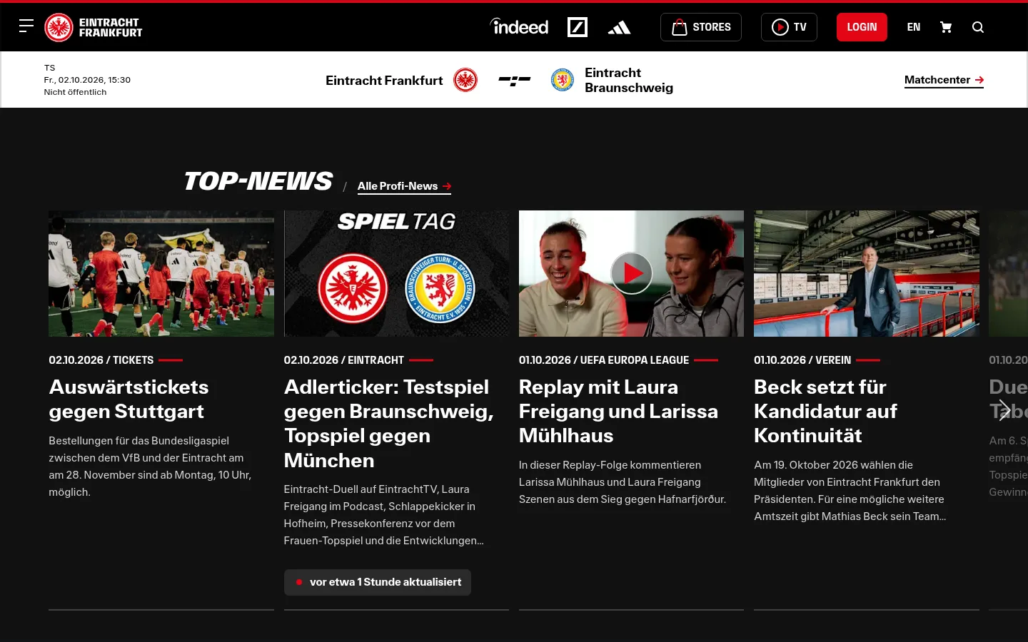A tour through the Eintracht Frankfurt website. At the end, one page fans out into its layers.